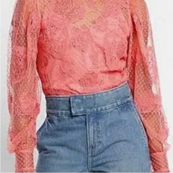 NWT Express Lace Long Sleeve Crew Swiss Dot Cami Pink Sexy Top XS - Picture 7 of 12